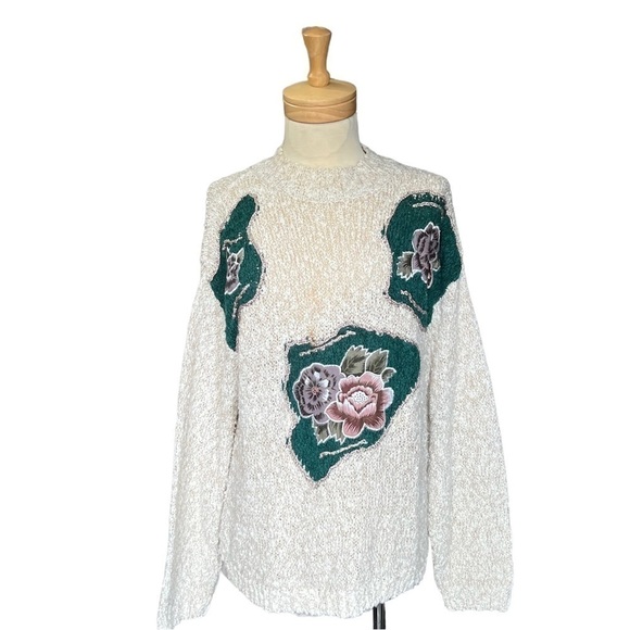 Fairbrok Sweaters - FLORAL Winter Sweater-Women's Sweater-Knit Jumper-Boho Knit-Beige Sweater- L